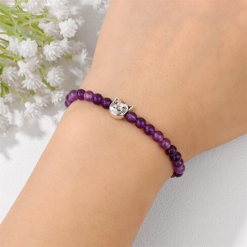Healing Bracelets Christmas Gift for Women Nature Stone Cat Beaded Stretch 4MM Inspirational Healing Crystal Crazy Cat Lady Gifts for Cat Lover in Saudi Arabia