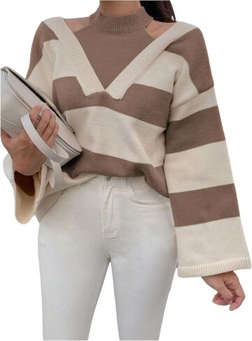 SweatyRocks Women's Striped Halter Sweater Long Sleeve Pullover Knit Casual Sweaters Fall Trendy Outfits in Saudi Arabia