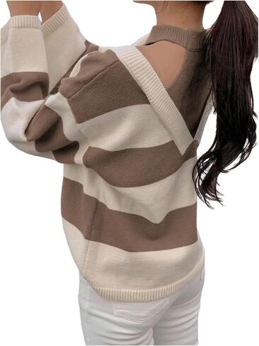 SweatyRocks Women's Striped Halter Sweater Long Sleeve Pullover Knit Casual Sweaters Fall Trendy Outfits in Saudi Arabia