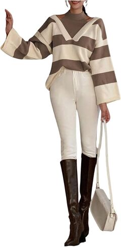 SweatyRocks Women's Striped Halter Sweater Long Sleeve Pullover Knit Casual Sweaters Fall Trendy Outfits in Saudi Arabia