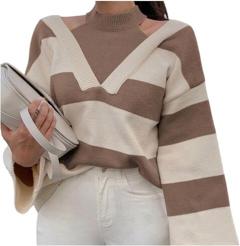 SweatyRocks Women's Striped Halter Sweater Long Sleeve Pullover Knit Casual Sweaters Fall Trendy Outfits in Saudi Arabia