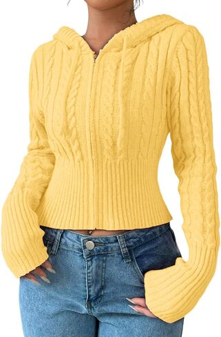 SOLY HUX Women's Crop Cardigan Sweater Cable Knit Zip Up Hoodies Long Sleeve Fall Jacket Y2k Outerwear Solid Yellow Small in Saudi Arabia