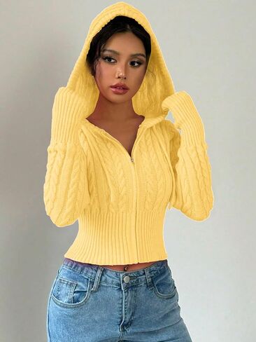 SOLY HUX Women's Crop Cardigan Sweater Cable Knit Zip Up Hoodies Long Sleeve Fall Jacket Y2k Outerwear Solid Yellow Small in Saudi Arabia