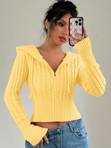SOLY HUX Women's Crop Cardigan Sweater Cable Knit Zip Up Hoodies Long Sleeve Fall Jacket Y2k Outerwear Solid Yellow Small in Saudi Arabia