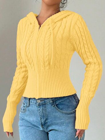 SOLY HUX Women's Crop Cardigan Sweater Cable Knit Zip Up Hoodies Long Sleeve Fall Jacket Y2k Outerwear Solid Yellow Small in Saudi Arabia