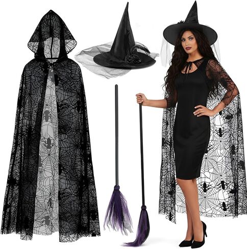 3 Pcs Witch Costume for Women, Hooded Spider Web Cape Witch Hat One Side Veils Witches Broom for Halloween Party Black, Purple in Saudi Arabia