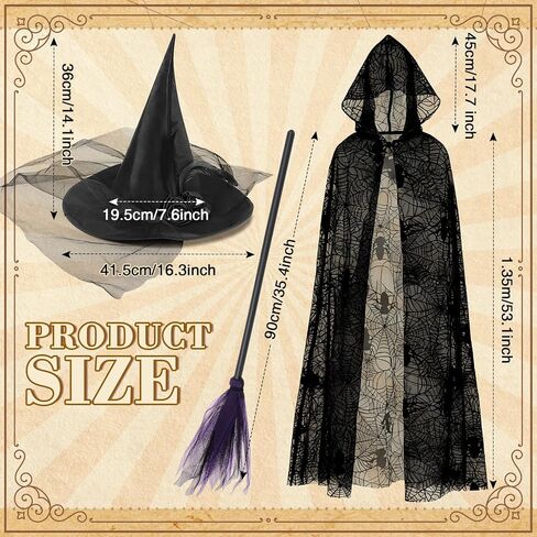 3 Pcs Witch Costume for Women, Hooded Spider Web Cape Witch Hat One Side Veils Witches Broom for Halloween Party Black, Purple in Saudi Arabia
