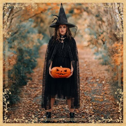 3 Pcs Witch Costume for Women, Hooded Spider Web Cape Witch Hat One Side Veils Witches Broom for Halloween Party Black, Purple in Saudi Arabia
