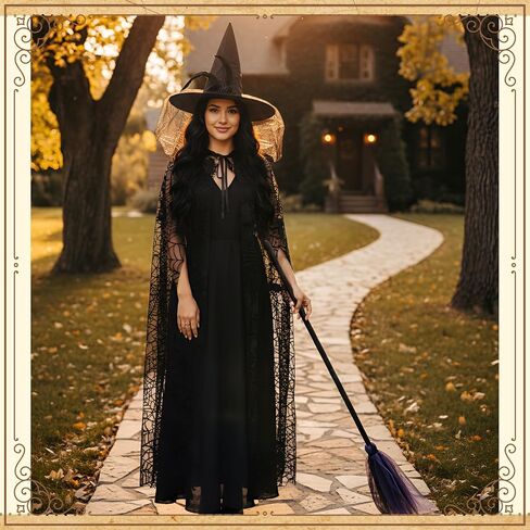 3 Pcs Witch Costume for Women, Hooded Spider Web Cape Witch Hat One Side Veils Witches Broom for Halloween Party Black, Purple in Saudi Arabia