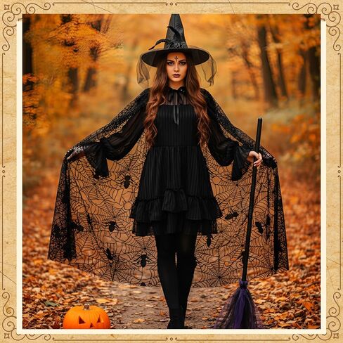 3 Pcs Witch Costume for Women, Hooded Spider Web Cape Witch Hat One Side Veils Witches Broom for Halloween Party Black, Purple in Saudi Arabia
