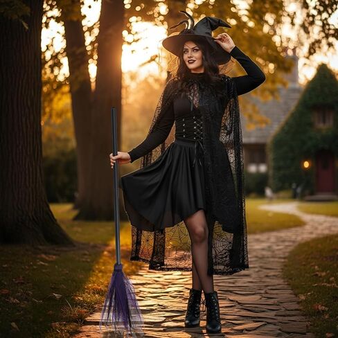 3 Pcs Witch Costume for Women, Hooded Spider Web Cape Witch Hat One Side Veils Witches Broom for Halloween Party Black, Purple in Saudi Arabia