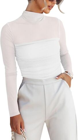 المرأة مثير وهمية سلحفاة الرقبة كم طويل بلايز بقماش شفاف Ruched العصرية الخروج قميص حريمي بلوزة in Kuwait