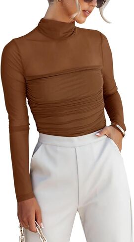 Women's Sexy Mock Turtle Neck Long Sleeve Tops Sheer Mesh Ruched Trendy Going Out Top Shirts Blouse in Saudi Arabia