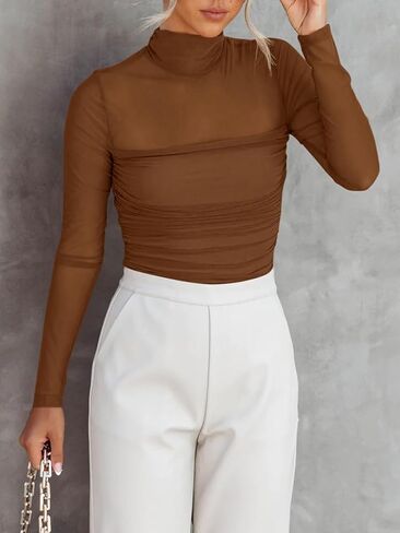 Women's Sexy Mock Turtle Neck Long Sleeve Tops Sheer Mesh Ruched Trendy Going Out Top Shirts Blouse in Saudi Arabia