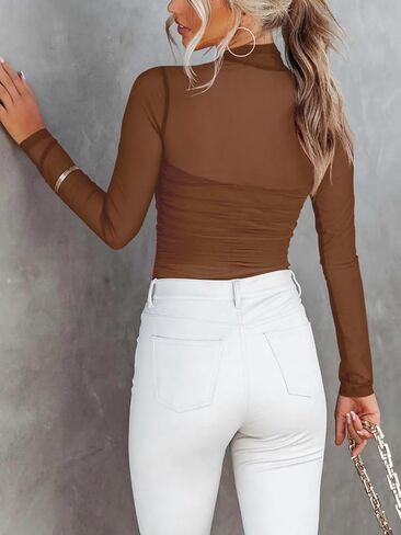 Women's Sexy Mock Turtle Neck Long Sleeve Tops Sheer Mesh Ruched Trendy Going Out Top Shirts Blouse in Saudi Arabia