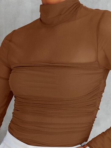 Women's Sexy Mock Turtle Neck Long Sleeve Tops Sheer Mesh Ruched Trendy Going Out Top Shirts Blouse in Saudi Arabia