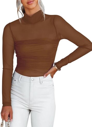 Women's Sexy Mock Turtle Neck Long Sleeve Tops Sheer Mesh Ruched Trendy Going Out Top Shirts Blouse in Saudi Arabia
