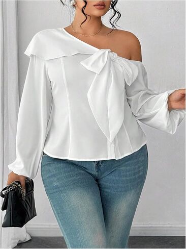 SHENHE Women's Plus Size Off The Shoulder Lantern Sleeve Blouse Tie Bow Dressy Business Casual Top in Saudi Arabia