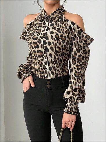 SweatyRocks Women's Leopard Print Cold Shoulder Long Sleeve Blouses Dressy Button Down Shirts in Saudi Arabia