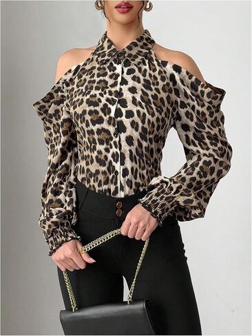 SweatyRocks Women's Leopard Print Cold Shoulder Long Sleeve Blouses Dressy Button Down Shirts in Saudi Arabia