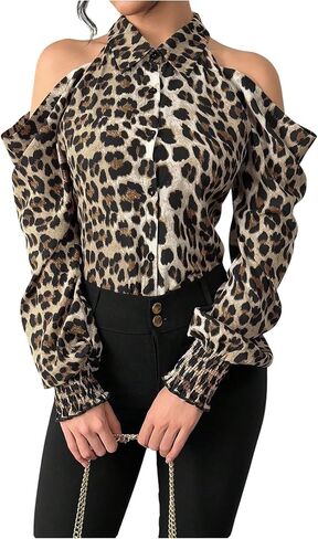 SweatyRocks Women's Leopard Print Cold Shoulder Long Sleeve Blouses Dressy Button Down Shirts in Saudi Arabia