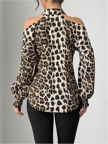 SweatyRocks Women's Leopard Print Cold Shoulder Long Sleeve Blouses Dressy Button Down Shirts in Saudi Arabia