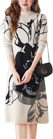 LAI MENG FIVE CATS Women's Fall Turtleneck Long Sleeve Print Ribbed Knitted Stretch Pullover Sweater Midi Dress in Saudi Arabia