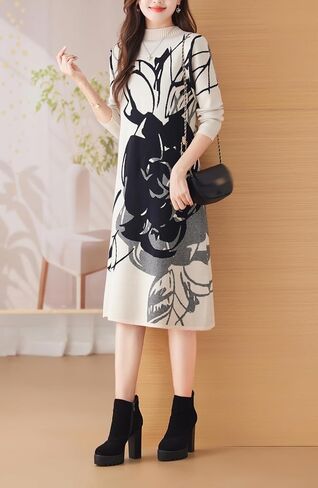 LAI MENG FIVE CATS Women's Fall Turtleneck Long Sleeve Print Ribbed Knitted Stretch Pullover Sweater Midi Dress in Saudi Arabia