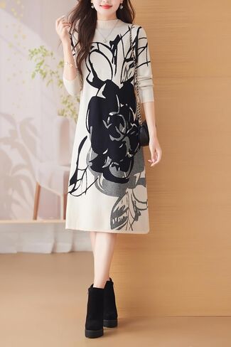 LAI MENG FIVE CATS Women's Fall Turtleneck Long Sleeve Print Ribbed Knitted Stretch Pullover Sweater Midi Dress in Saudi Arabia