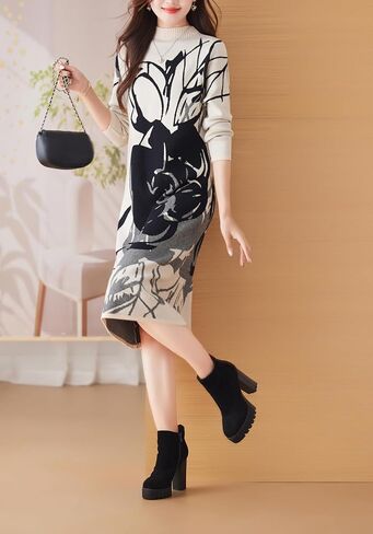 LAI MENG FIVE CATS Women's Fall Turtleneck Long Sleeve Print Ribbed Knitted Stretch Pullover Sweater Midi Dress in Saudi Arabia