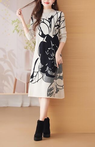 LAI MENG FIVE CATS Women's Fall Turtleneck Long Sleeve Print Ribbed Knitted Stretch Pullover Sweater Midi Dress in Saudi Arabia
