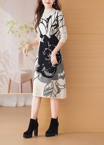 LAI MENG FIVE CATS Women's Fall Turtleneck Long Sleeve Print Ribbed Knitted Stretch Pullover Sweater Midi Dress in Saudi Arabia