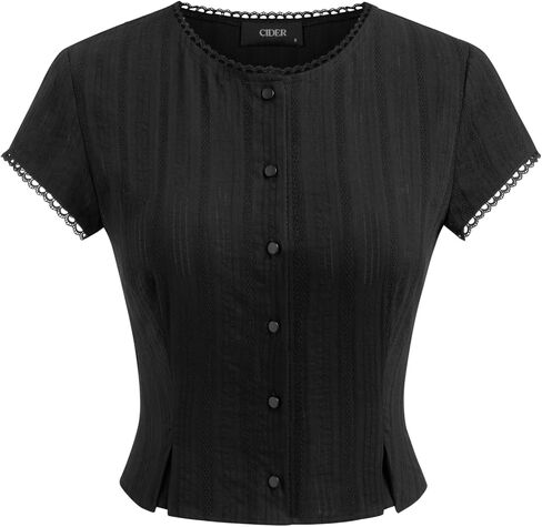 CIDER Womens Shirts Crew Neck Button Up Lace Trim Solid Short Sleeve Cotton Daily Casual Top Elegant Blouse in Saudi Arabia
