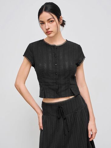 CIDER Womens Shirts Crew Neck Button Up Lace Trim Solid Short Sleeve Cotton Daily Casual Top Elegant Blouse in Saudi Arabia