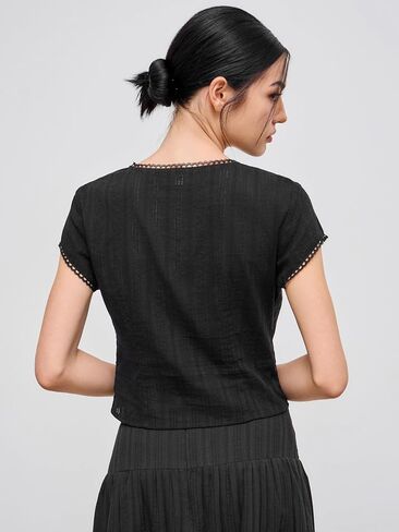CIDER Womens Shirts Crew Neck Button Up Lace Trim Solid Short Sleeve Cotton Daily Casual Top Elegant Blouse in Saudi Arabia