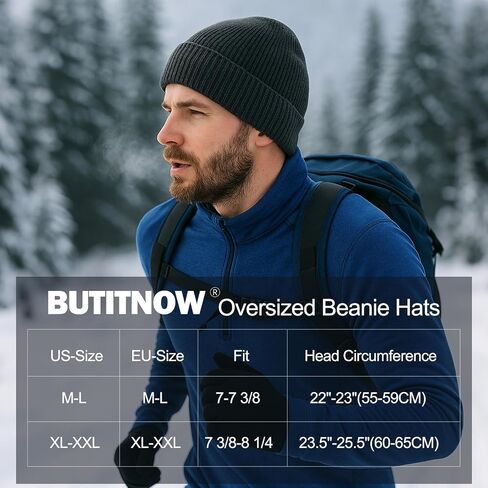 Plus Size Fleece Lined Beanie Hat - M/L/XL/XXL Merino Wool Beanie Hat for Men - Large Winter Hat Ski Skull Cap for Big Heads in Saudi Arabia