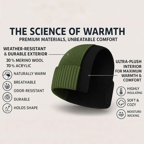 Plus Size Fleece Lined Beanie Hat - M/L/XL/XXL Merino Wool Beanie Hat for Men - Large Winter Hat Ski Skull Cap for Big Heads in Saudi Arabia