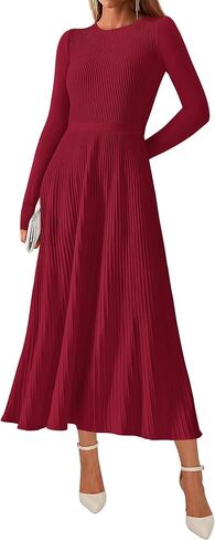 KIRUNDO Women Fall Business Casual Ribbed Knit Long Sleeve Bodycon Pleated Midi Sweater Dress Elegant A Line Winter Dresses in Saudi Arabia
