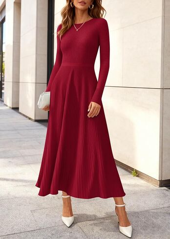 KIRUNDO Women Fall Business Casual Ribbed Knit Long Sleeve Bodycon Pleated Midi Sweater Dress Elegant A Line Winter Dresses in Saudi Arabia