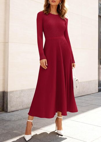 KIRUNDO Women Fall Business Casual Ribbed Knit Long Sleeve Bodycon Pleated Midi Sweater Dress Elegant A Line Winter Dresses in Saudi Arabia