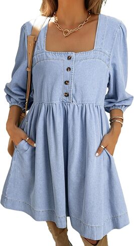 Sidefeel Women's Spring Outfit Denim Dress 3/4 Sleeve Loose Fit Square Neck Summer Jean Dresses with Pockets in Saudi Arabia
