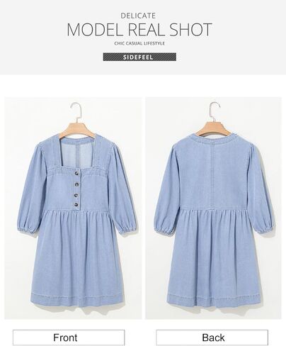 Sidefeel Women's Spring Outfit Denim Dress 3/4 Sleeve Loose Fit Square Neck Summer Jean Dresses with Pockets in Saudi Arabia
