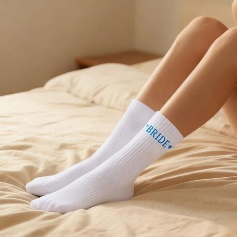 2pcs Bride Socks, Soft Breathable Cotton Bridal Wedding Socks for Women Bachelorette Party Favors & Weeding Bridesmaid Shower Decorations Gifts (Blue & White) in Kuwait
