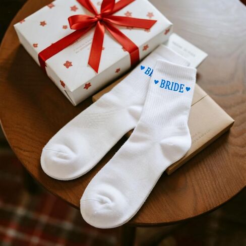 2pcs Bride Socks, Soft Breathable Cotton Bridal Wedding Socks for Women Bachelorette Party Favors & Weeding Bridesmaid Shower Decorations Gifts (Blue & White) in Kuwait
