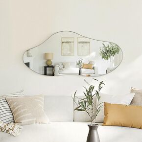 Irregular Wall Mirror, 38.5" x 17.7" Black Bathroom Mirror, Iron Framed Asymmetrical Mirror, Hanging Mirrors for Walls Make up Dressing Mirrors for Bedroom/Hallway/Livingroom Decor in Saudi Arabia