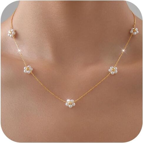 925 Sterling Silver Daisy Pearl Pendant Necklace for Woman 14K Gold Plated Dainty Pearl Choker Flower Necklaces to Daughter Mother Minimalist Elegant Trendy Christmas Wedding Jewelry Gift in Saudi Arabia