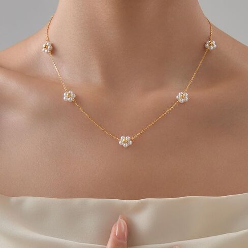 925 Sterling Silver Daisy Pearl Pendant Necklace for Woman 14K Gold Plated Dainty Pearl Choker Flower Necklaces to Daughter Mother Minimalist Elegant Trendy Christmas Wedding Jewelry Gift in Saudi Arabia