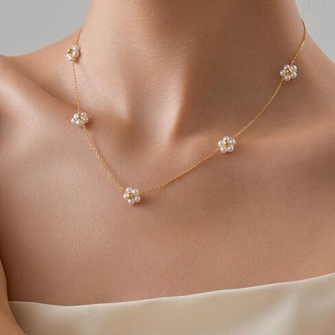 925 Sterling Silver Daisy Pearl Pendant Necklace for Woman 14K Gold Plated Dainty Pearl Choker Flower Necklaces to Daughter Mother Minimalist Elegant Trendy Christmas Wedding Jewelry Gift in Saudi Arabia
