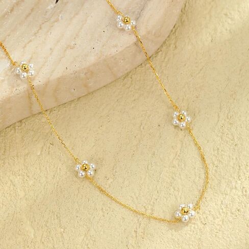 925 Sterling Silver Daisy Pearl Pendant Necklace for Woman 14K Gold Plated Dainty Pearl Choker Flower Necklaces to Daughter Mother Minimalist Elegant Trendy Christmas Wedding Jewelry Gift in Saudi Arabia