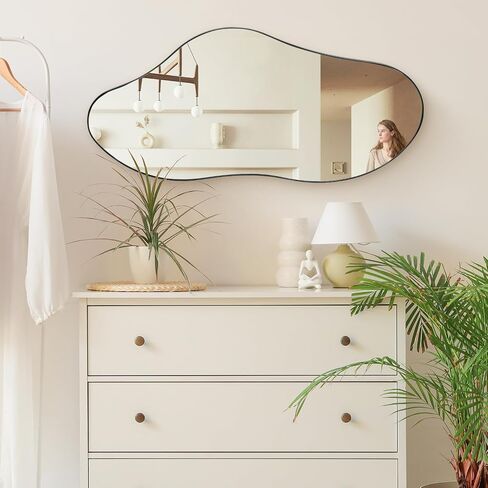 Irregular Wall Mirror, 38.5" x 17.7" Black Bathroom Mirror, Iron Framed Asymmetrical Mirror, Hanging Mirrors for Walls Make up Dressing Mirrors for Bedroom/Hallway/Livingroom Decor in Saudi Arabia